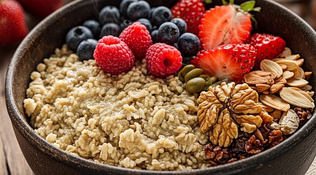 A healthy breakfast bowl of oatmeal topped with fresh berries, nuts, and seeds, illustrating high fiber content for heart health.