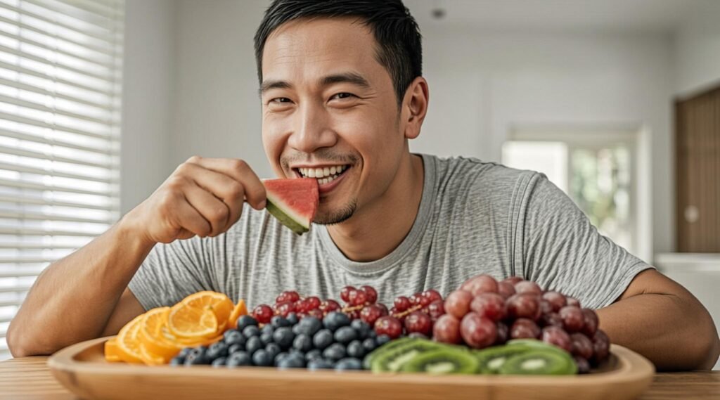 A man eating fruits with smile.