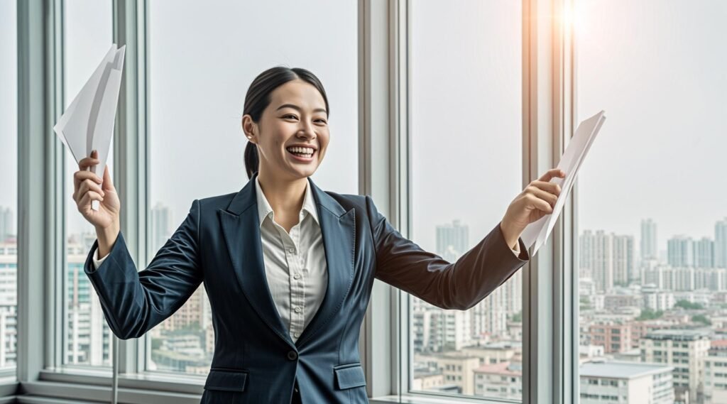 a woman achieving the goal for the company headed to success