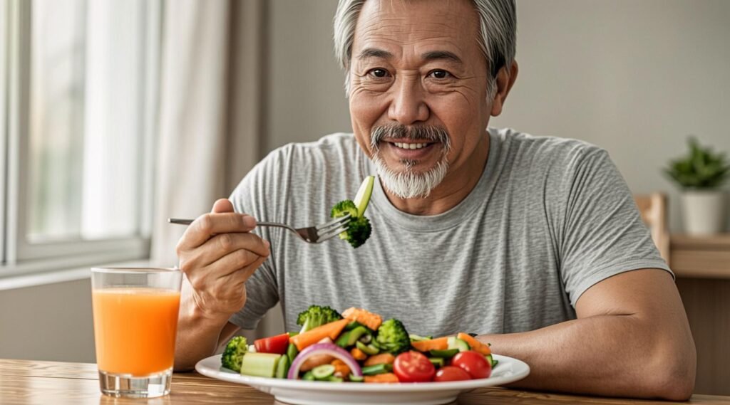 An old man eating a vegan meal.