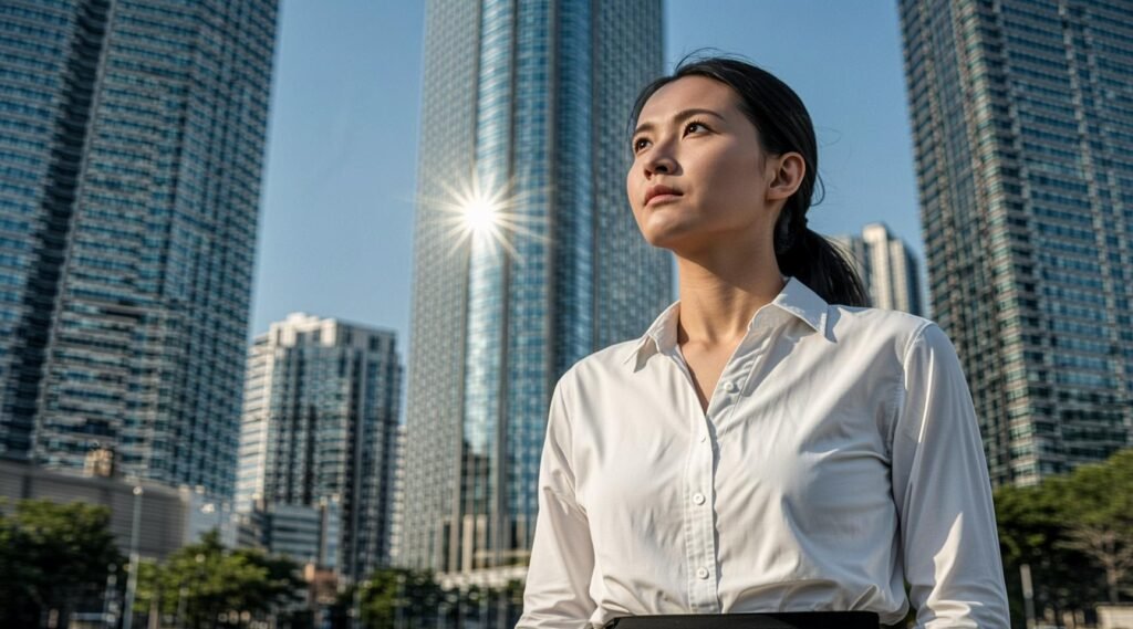 A woman looking at building to pursue a goal position