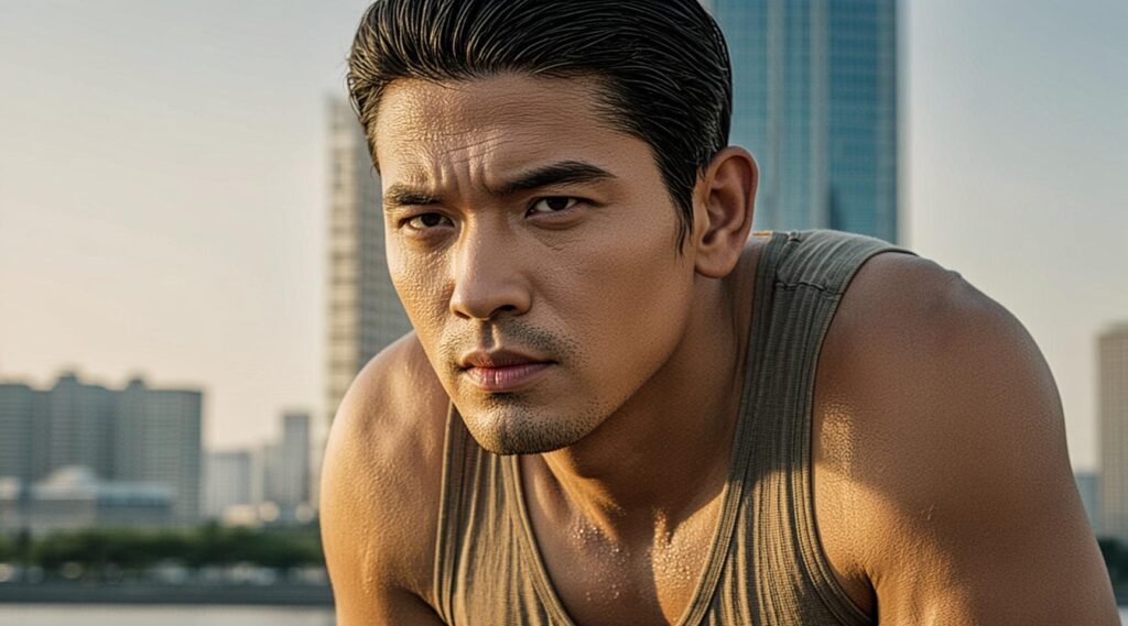 a man, looking towards building  with sweat and dedication