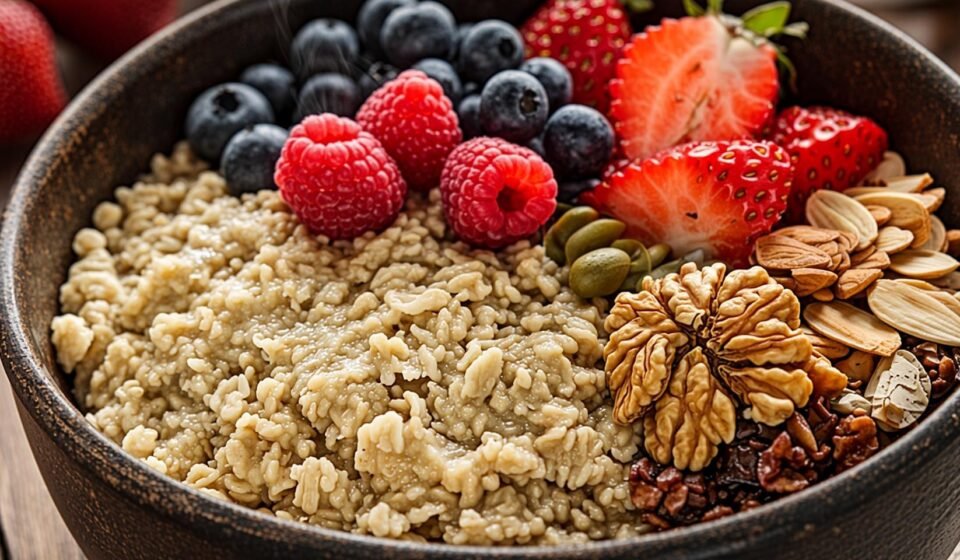 A healthy breakfast bowl of oatmeal topped with fresh berries, nuts, and seeds, illustrating high fiber content for heart health.