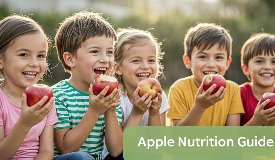 A image of children eating apple with smile.
