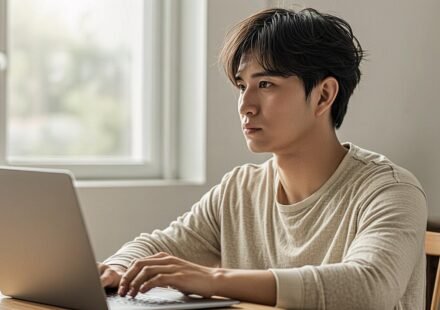 A person sitting at a desk with a laptop, looking thoughtful but hopeful, bathed in warm morning light. The setting is tidy and calm