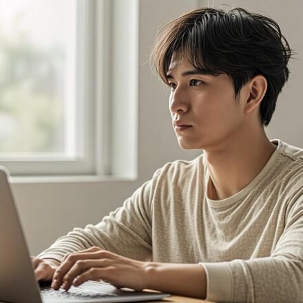 A person sitting at a desk with a laptop, looking thoughtful but hopeful, bathed in warm morning light. The setting is tidy and calm