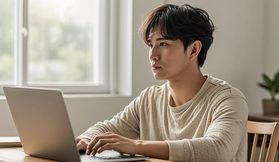 A person sitting at a desk with a laptop, looking thoughtful but hopeful, bathed in warm morning light. The setting is tidy and calm