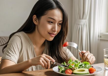 A woman eating a vegan meal.