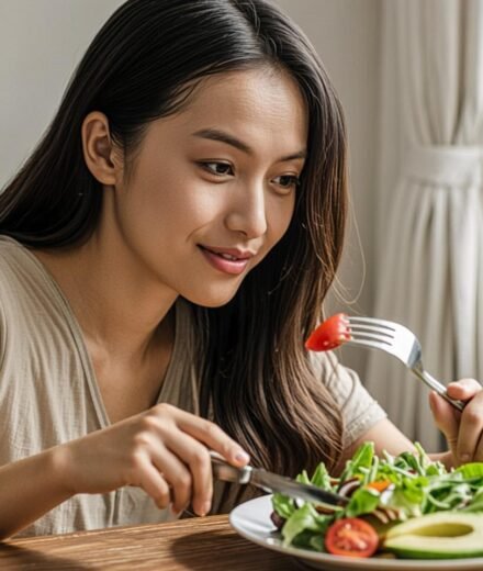 A woman eating a vegan meal.