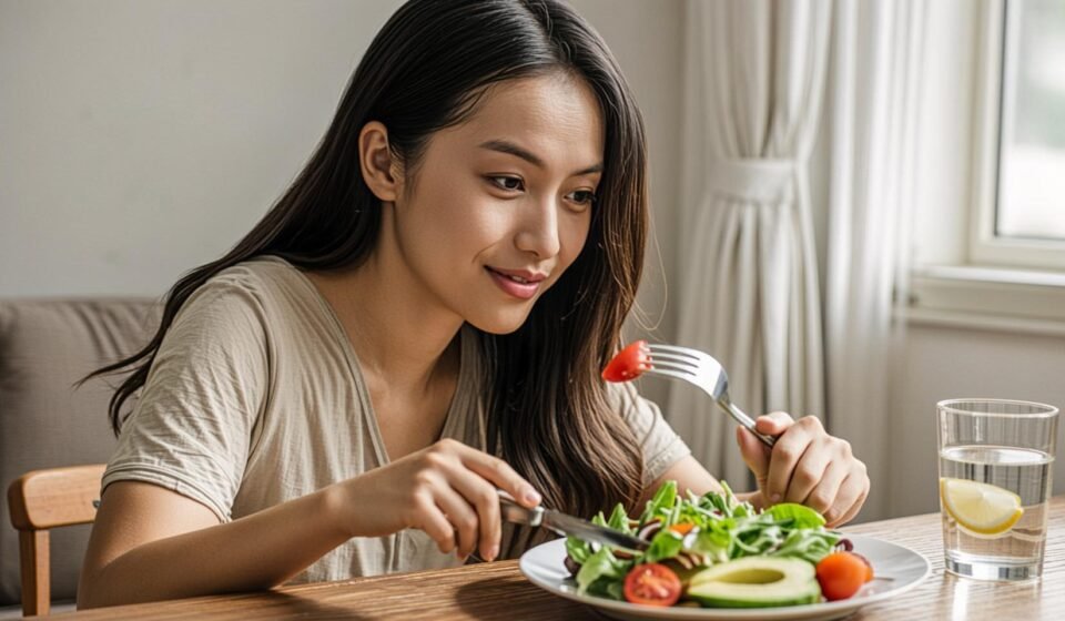 A woman eating a vegan meal.