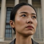 a woman, looking towards building with sweat and dedication